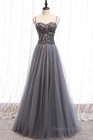 Sweetheart Neck Grey Sequins Tulle Long Prom Dress Grey Sequins Formal Evening Dress