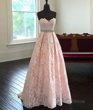 Sweetheart Neck Pink Lace Prom Dresses, Pink Evening Dresses