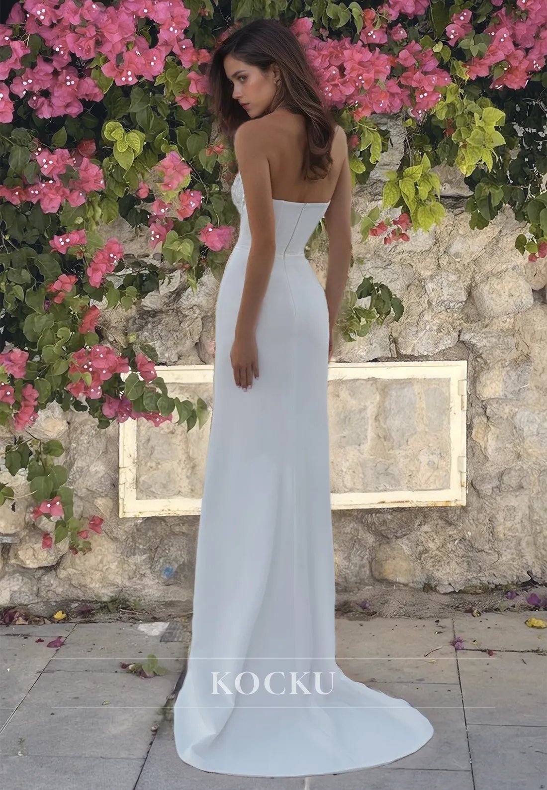 Sweetheart Sheath Beach Wedding Dress Sleeveless High Split Satin Boho Dress with Sequined Appliques