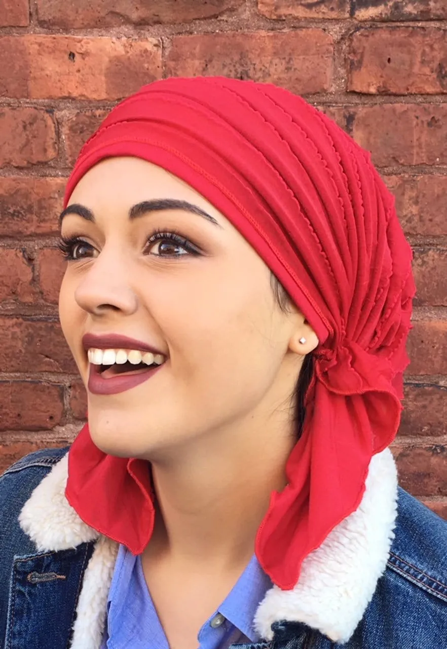 Swim Bathing Cap | Queen Glamour | Soft Beanie Ruffle Cap To Conceal Hair Light weight Fitted Pre-Tied Head Wrap Scarf | Made in USA