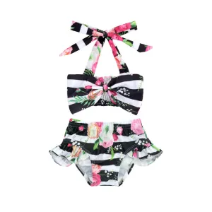 Swimsuit Cross-Border Children's Split Black and White Striped Floral Pattern with Shoulder Straps Two-Piece Set