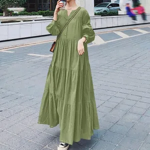 Swing Spring and Autumn V-Neck Ruffle Edge Loose Elegant Casual Long Dress