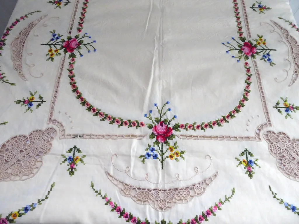 Swiss Embroidered Tablecloth 1960s Tea Cloth Bridge Cloth With Tags Unused