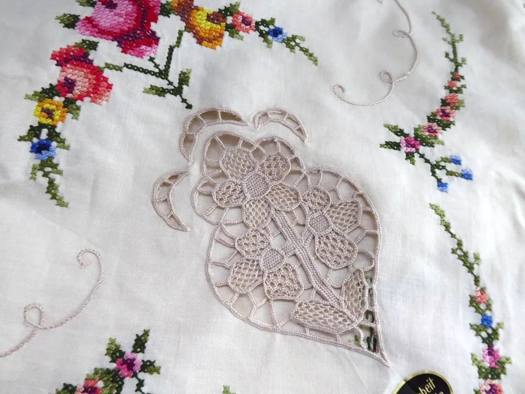 Swiss Embroidered Tablecloth 1960s Tea Cloth Bridge Cloth With Tags Unused