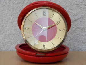 Swiza Sheifield Brass Red Leather Round Travel Clock, Wind Up