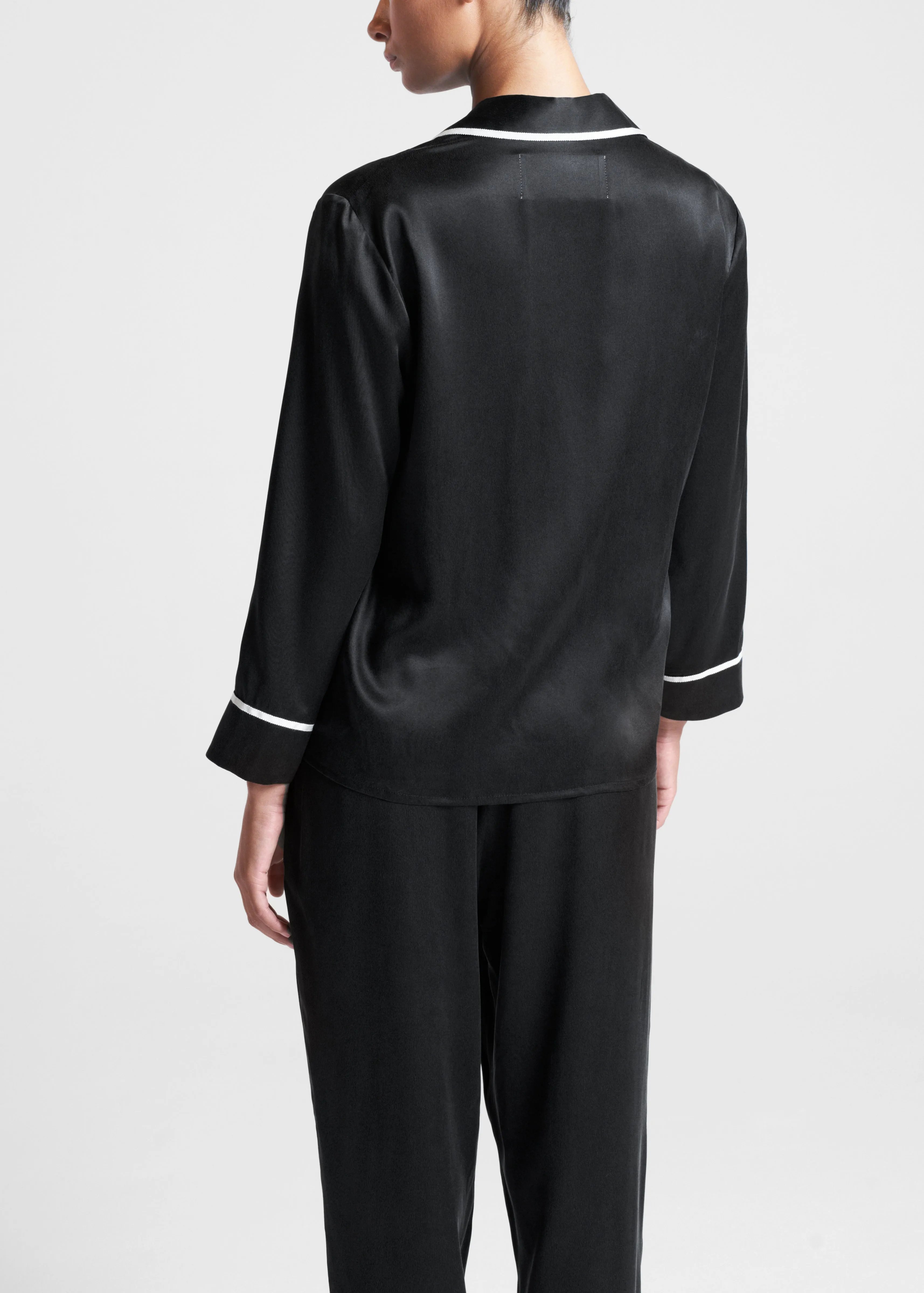 Sydney Cropped Pyjama Top Black Ecru Edged Silk