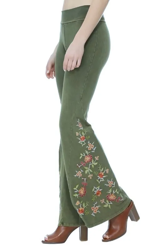 T-Party Floral Embroidered Yoga Pants - Spring Olive