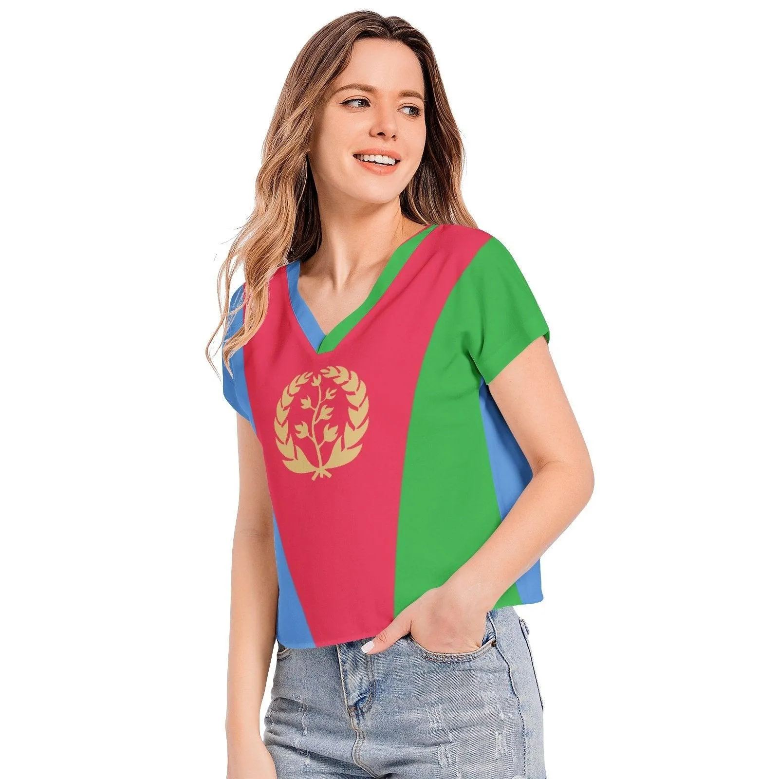 T-Shirt Eritrean Flag Batwing Sleeve V-Neck Top Chiffon