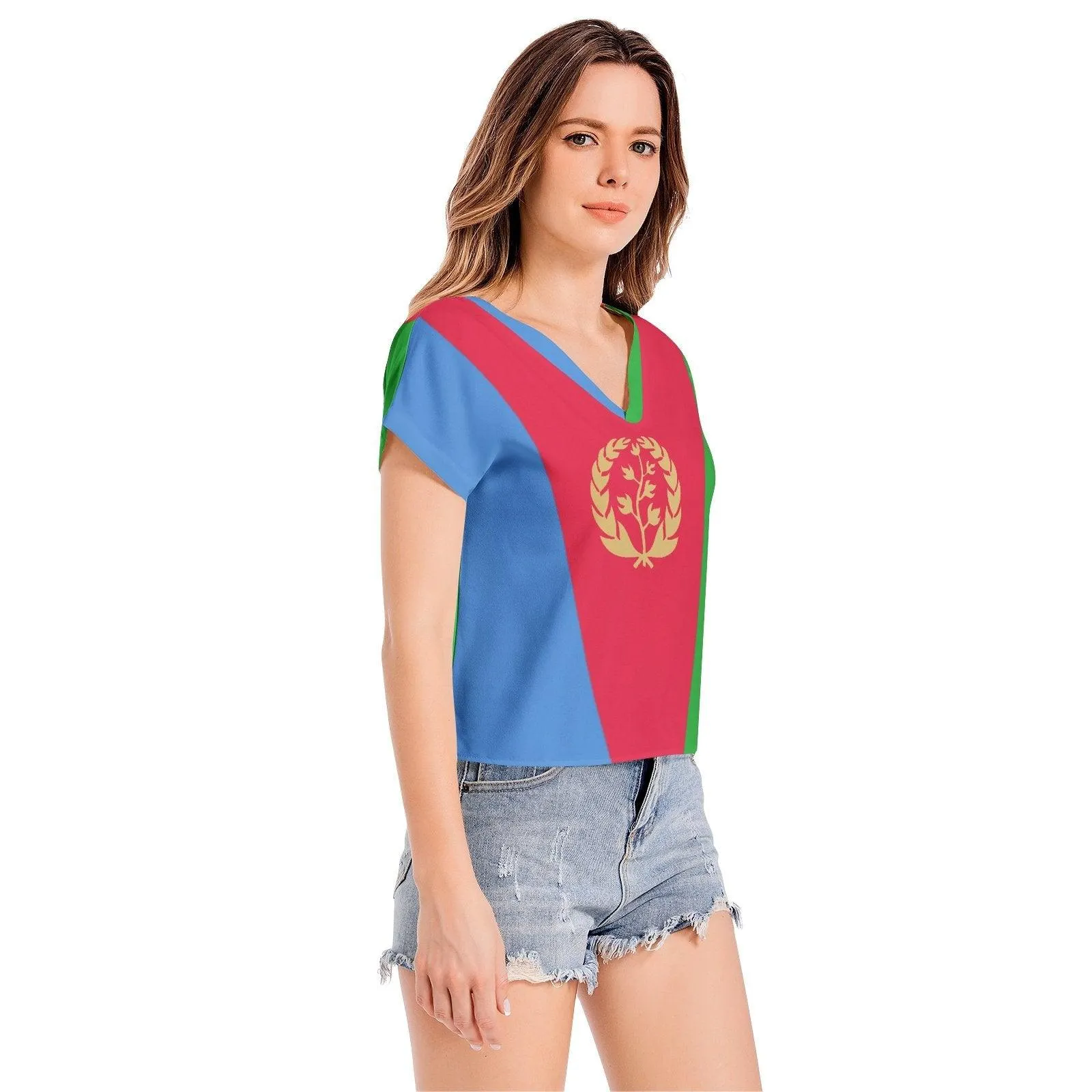 T-Shirt Eritrean Flag Batwing Sleeve V-Neck Top Chiffon