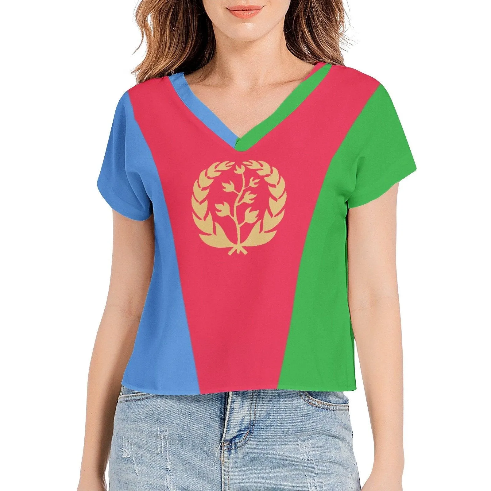 T-Shirt Eritrean Flag Batwing Sleeve V-Neck Top Chiffon