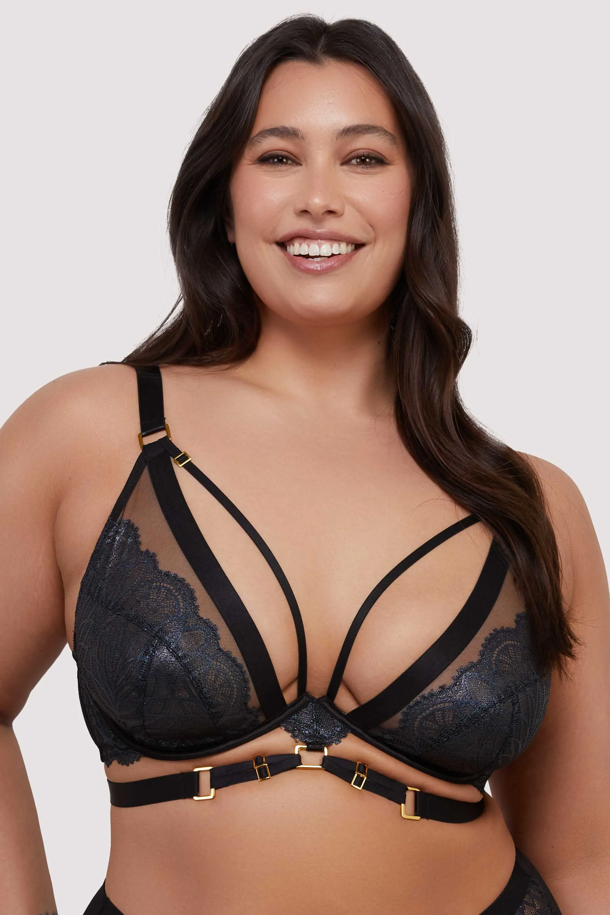 Tabitha Black Wet-Look Lace Plunge Bra