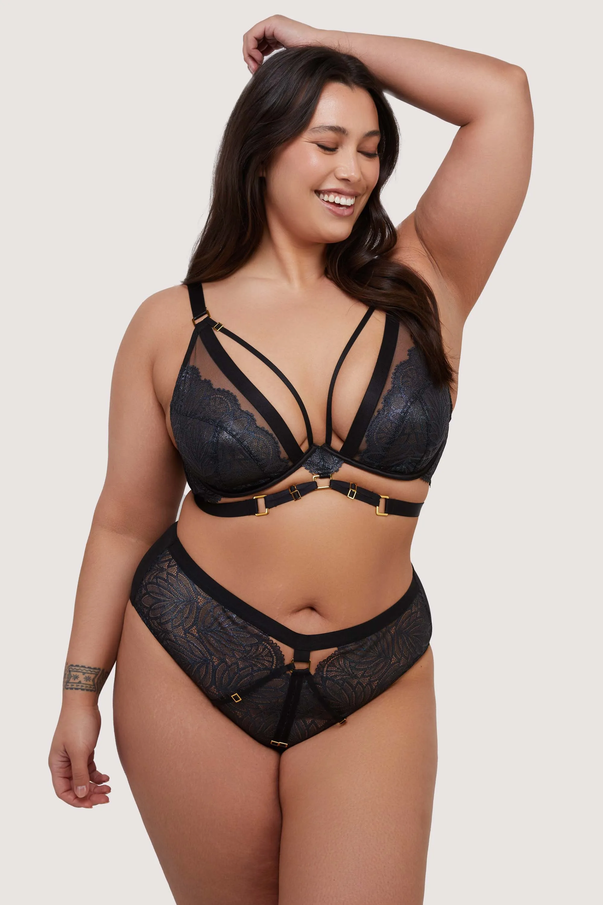 Tabitha Black Wet-Look Lace Plunge Bra