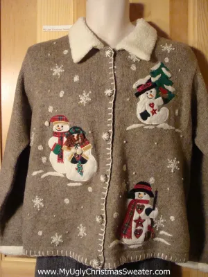 Tacky brown Ugly Christmas Sweater with Festive Snowmen and a Furry Collar (f727)