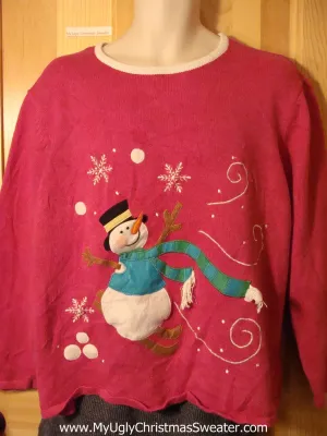 Tacky Cheap Pink Ugly Christmas Sweater with a Snowman in a Winter Wonderland (f686)