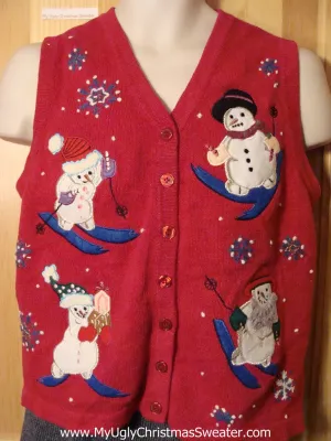 Tacky Cheap Ugly Christmas Sweater Vest with Four Festive Skiing Snowmen (f627)