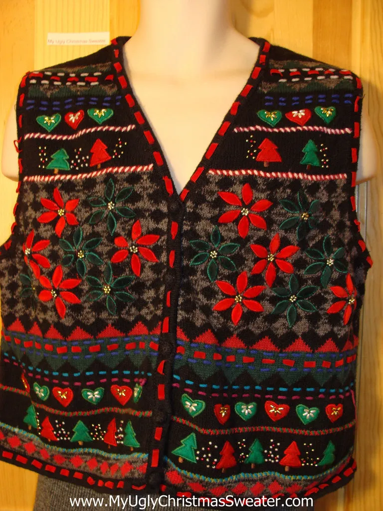 Tacky Cheap Ugly Christmas Sweater Vest with Red and Green Hearts, Trees, and Poinsettias (f629)