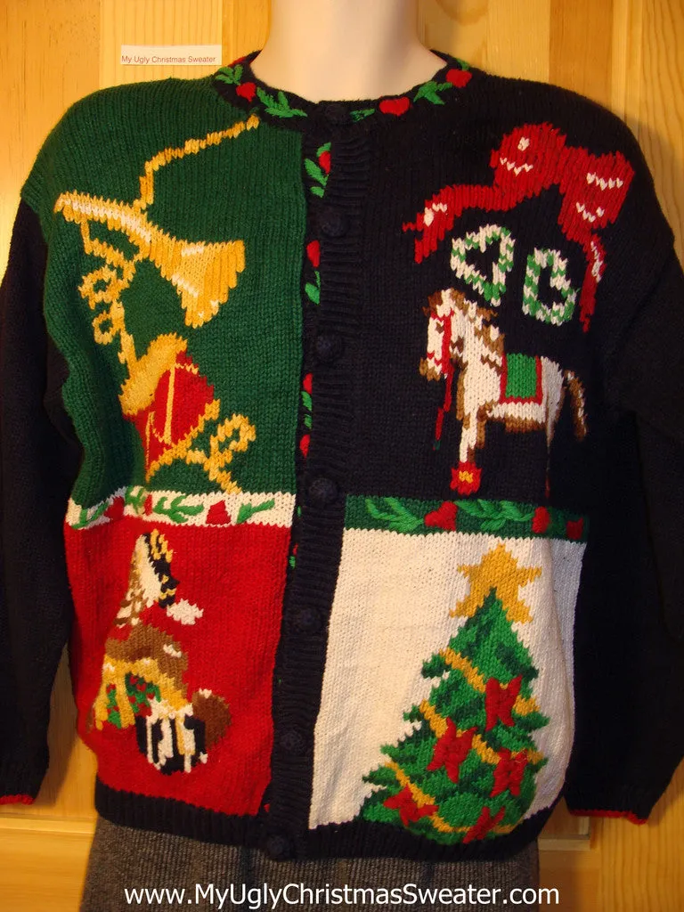 Tacky Cheap Ugly Christmas Sweater with Festive Horse, Drum, and Tree(f678)