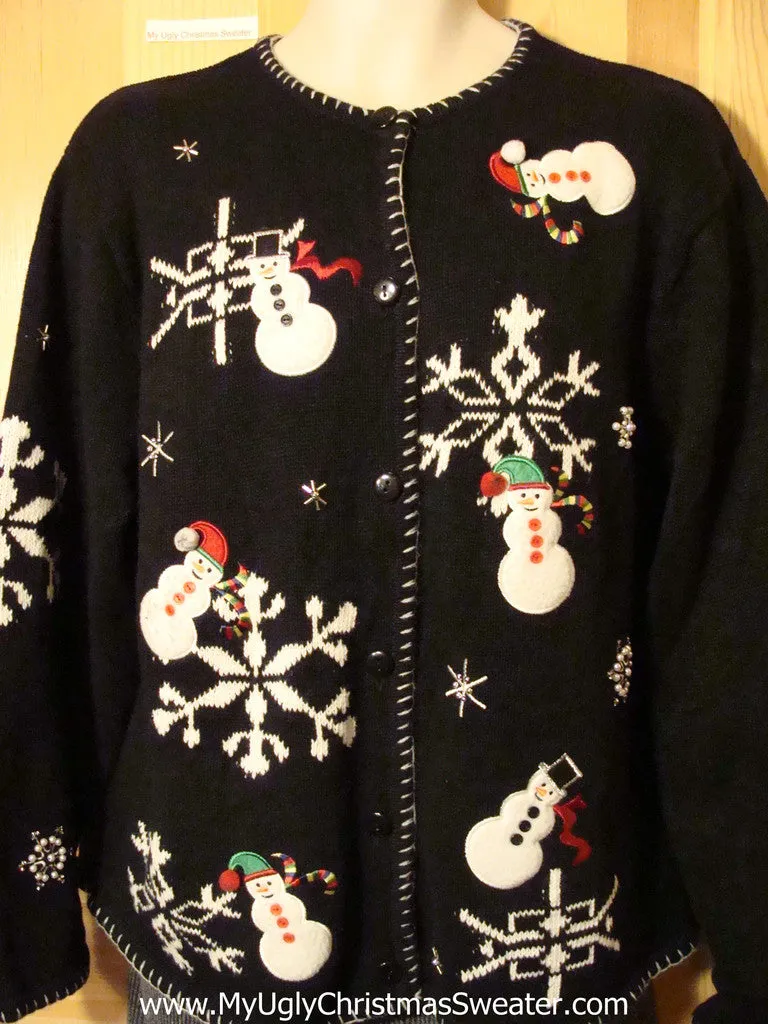 Tacky Cheap Ugly Christmas Sweater with Floating Snowmen in a Winter Wonderland (f530)