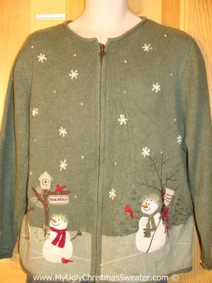 Tacky Cheesy Holiday Sweater with Festive Snowman Friends on Front and Back (f1110)