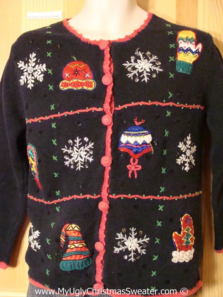 Tacky Cheesy Holiday Sweater with Mittens, Hats, and Snowflakes (f1194)