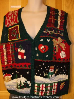 Tacky Christmas Sweater Party Ugly Sweater Vest Crafty Plaid Patchwork Design of Winter Wonderland (f923)