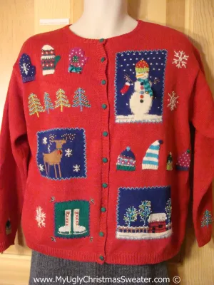 Tacky Christmas Sweater Party Ugly Sweater with Crafty Patchwork Reindeer, Snowman, Skates, and Winter Wonderland House (f995)