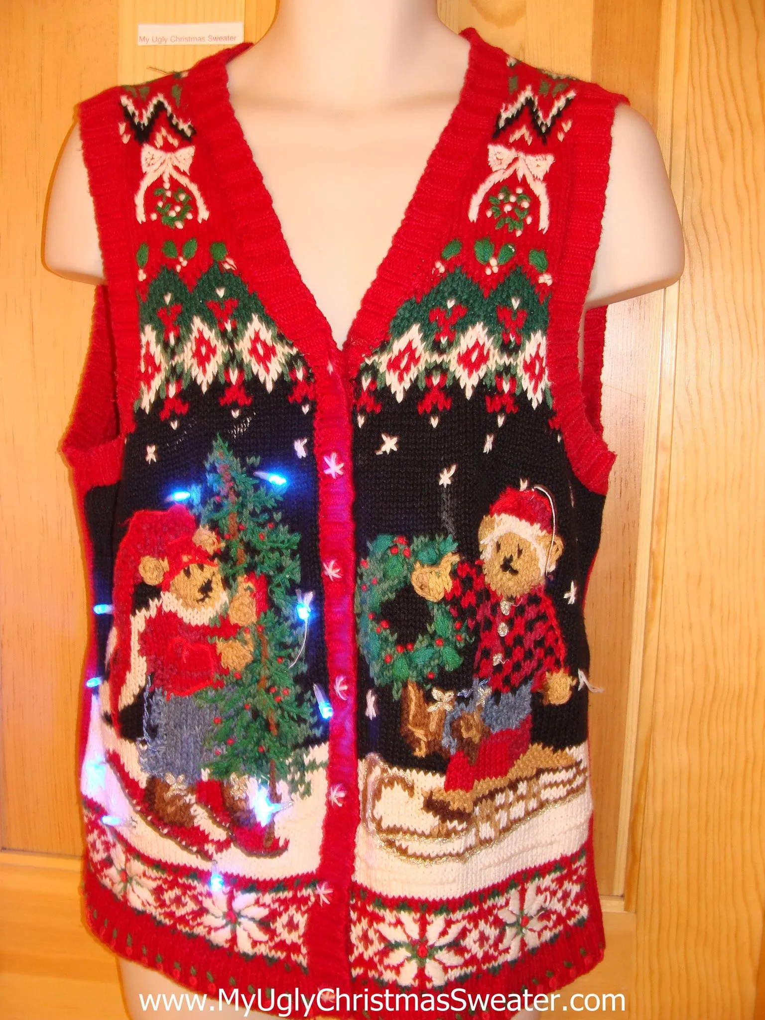 Tacky Christmas Sweater Vest Skiing Sledding Bears with Lights