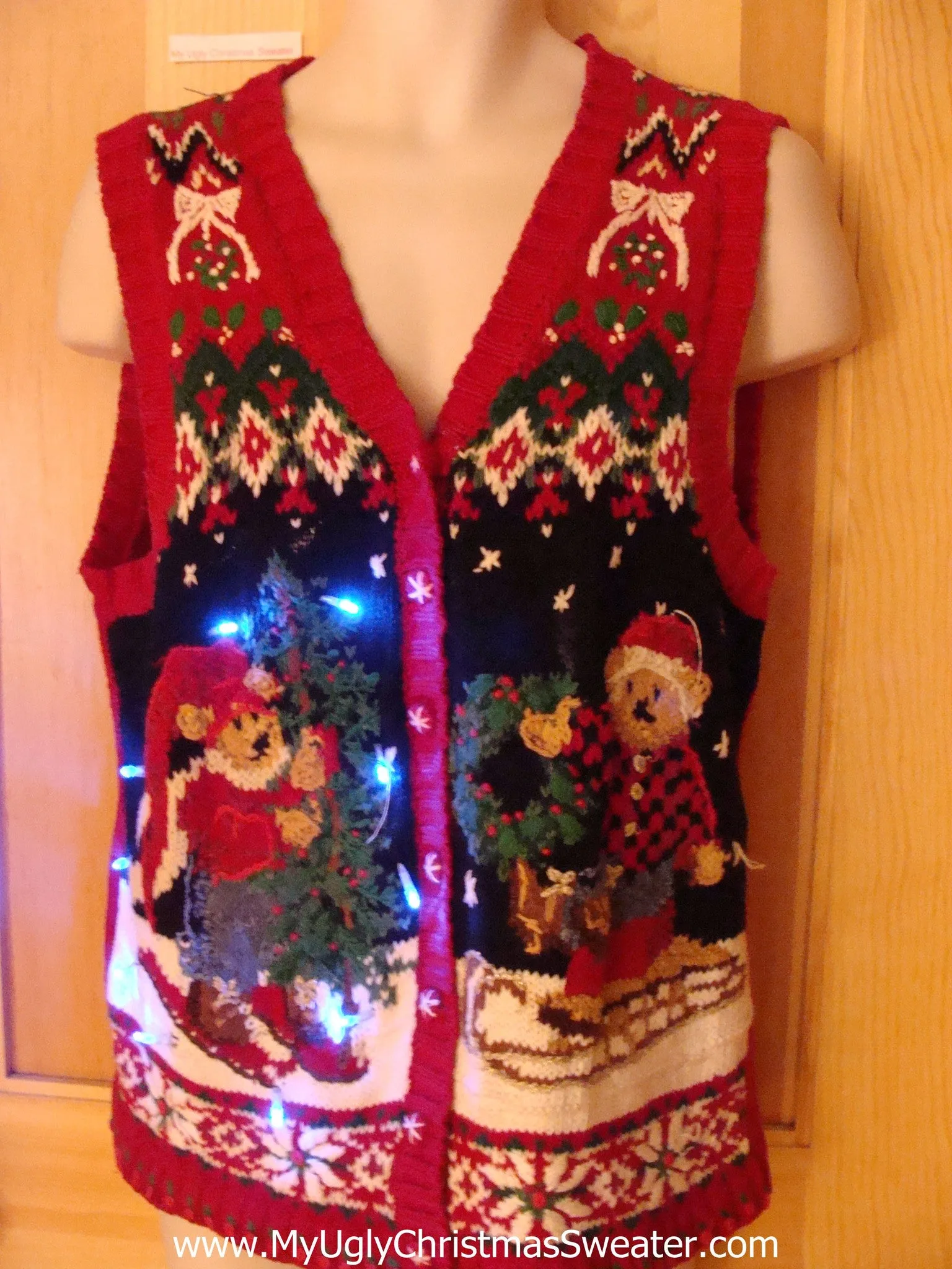 Tacky Christmas Sweater Vest Skiing Sledding Bears with Lights