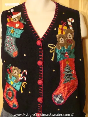 Tacky Christmas Sweater Vest with Stockings with Bears (f1328)