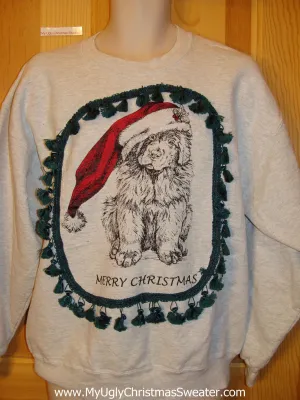 Tacky Christmas Sweatshirt Puppy Dog with Santa Hat