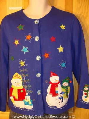 Tacky Colorful Christmas Sweater Party Ugly Sweater with Snowmen and Stars (f849)