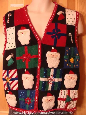 Tacky Holiday Sweater Vest with Grid of Santa Heads and Gifts  (f1069)