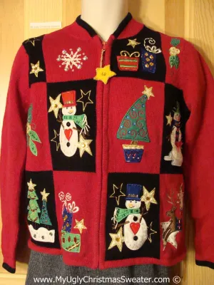 Tacky Holiday Sweater with 80s Style Padded Shoulders and a Star Zipper Pull (f1052)