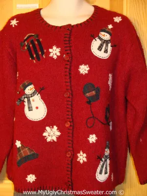 Tacky Red Christmas Sweater with Snowmen and Mittens (f1333)