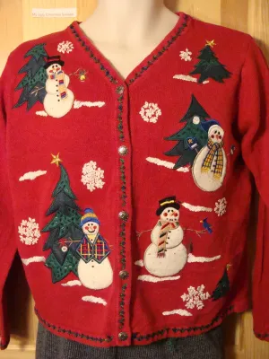 Tacky Ugly Christmas Red Sweater with Snowmen and Trees in a Winter Wonderland (f453)