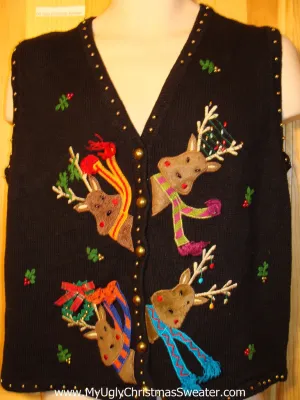 Tacky Ugly Christmas Sweater 2sided Vest with Peaking Reindeer with Scarfs (f202)