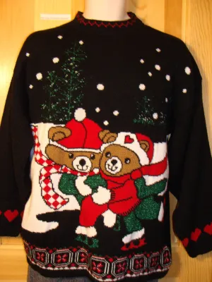 Tacky Ugly Christmas Sweater 80s Acrylic with Two Snuggling Skating Santa Bears in a Winter Wonderland (f426)