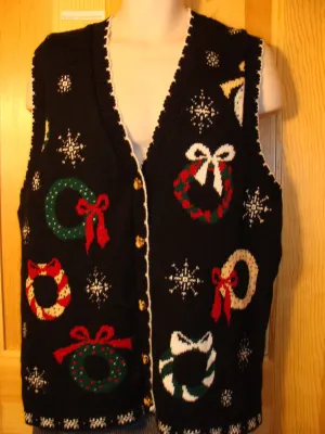 Tacky Ugly Christmas Sweater Vest 80s 2sided with Wreaths and Snowflakes (f428)