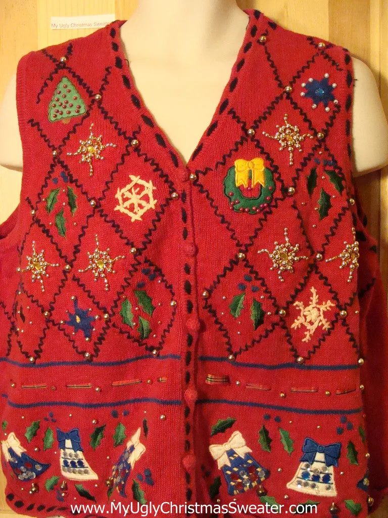 Tacky Ugly Christmas Sweater Vest with Bling Bead Accents (f384)