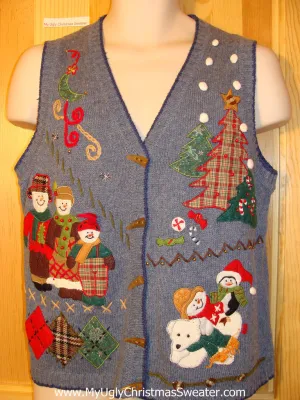 Tacky Ugly Christmas Sweater Vest with Crafty Plaid Snowman Farmers Family (f400)