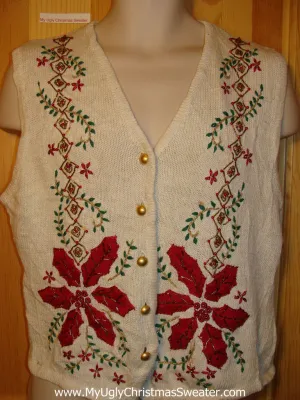 Tacky Ugly Christmas Sweater Vest with Huge Poinsettias and Bling (f282)