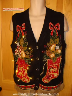 Tacky Ugly Christmas Sweater Vest with Lights and Fringe (g30)