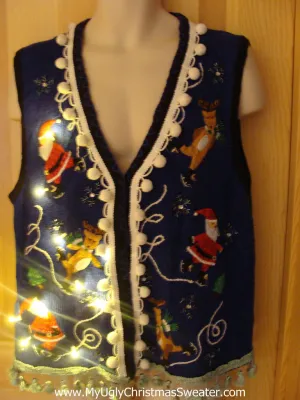 Tacky Ugly Christmas Sweater Vest with Lights and Fringe. Santa and Reindeer Skating (g17)