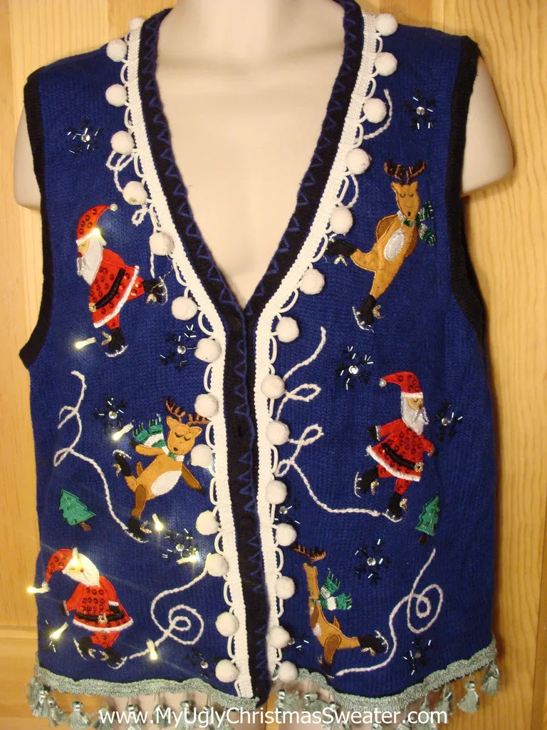 Tacky Ugly Christmas Sweater Vest with Lights and Fringe. Santa and Reindeer Skating (g17)