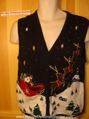 Tacky Ugly Christmas Sweater Vest with Santa and Reindeer in a Winter Wonderland (f169)