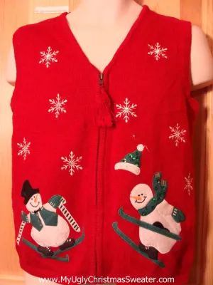 Tacky Ugly Christmas Sweater Vest with Skiing Snowmen (f380)