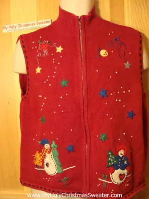 Tacky Ugly Christmas Sweater Vest with Snowmen in a Colorful Starry Night Sky (f137)