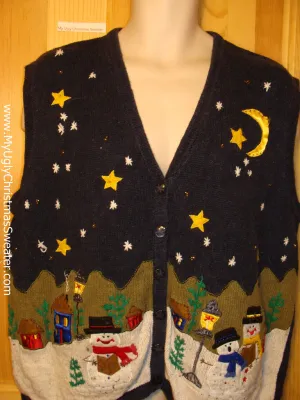 Tacky Ugly Christmas Sweater Vest with Snowmen in a Winter Wonderland (f180)