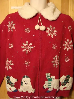 Tacky Ugly Christmas Sweater with a Fluffy Collar and  Polar Bears (f251)