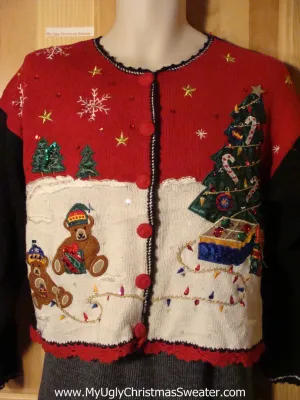 Tacky Ugly Christmas Sweater with Bear Family Decorating their Tree in the Winter Wonderland (f725)